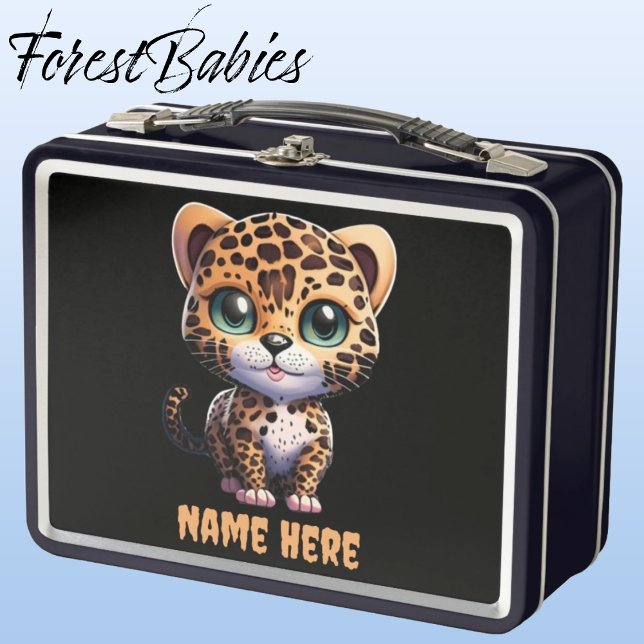 Leopard Kitten Jungle Safari Animal Kitty Cat 🐆 Metall Brotdose (Leopard, Black Customizable ForestBabies Lunch Box)