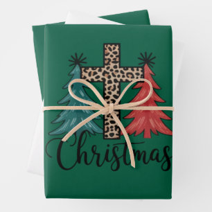 Leopard Kreuz Weihnachtsbäume Christlich  Geschenkpapier Set