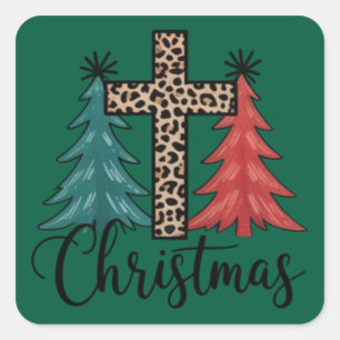 Leopard Kreuz Weihnachtsbäume Christlich  Quadratischer Aufkleber
