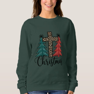 Leopard Kreuz Weihnachtsbäume Christlich Sweatshirt