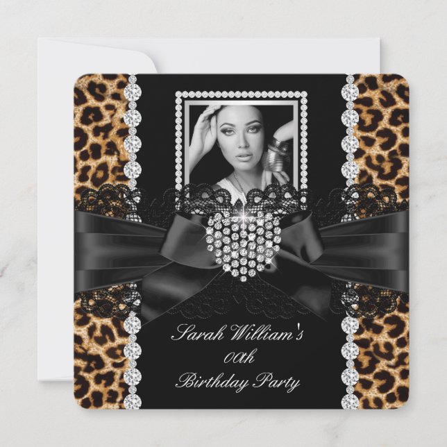 Leopard Lace Diamond Heart Foto Birthday Party 2 Einladung (Vorderseite)