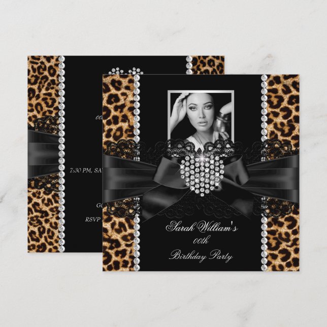 Leopard Lace Diamond Heart Foto Birthday Party Einladung (Vorne/Hinten)