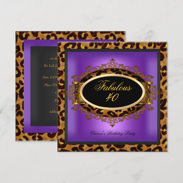Leopard Lila Gold Black Birthday Fabulous 40 Einladung (Vorne/Hinten)