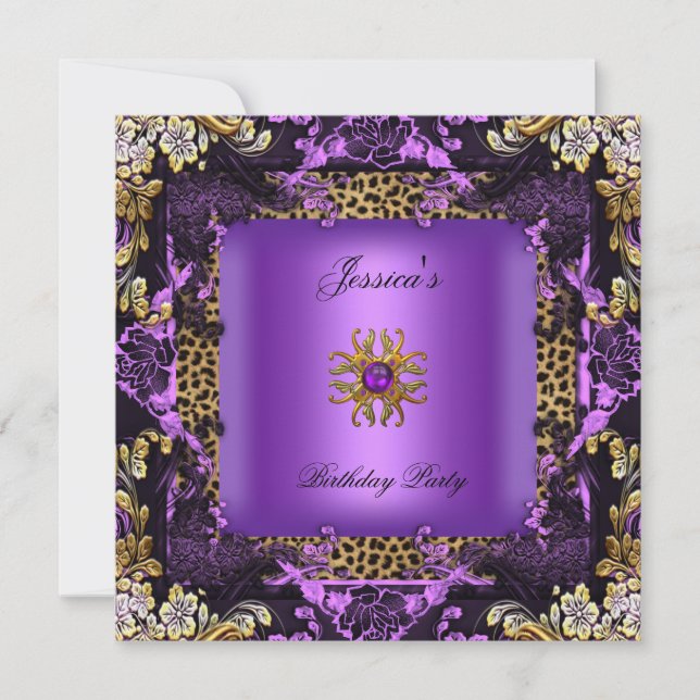 Leopard Lila Gold Black Birthday Party Floral Einladung (Vorderseite)
