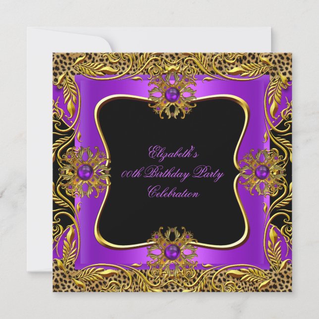 Leopard Lila Gold Jewel Black Birthday Party Einladung (Vorderseite)