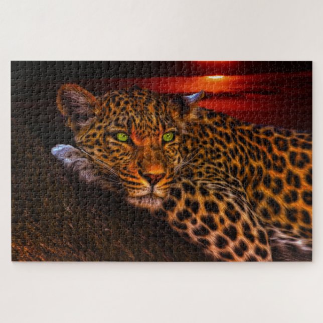 Leopard Lounges am Sonnenuntergang, Big Cat Art (Horizontal)