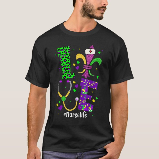 Leopard Love Nurse Life Scrub Nursing Mardi Gras W T-Shirt (Vorderseite)