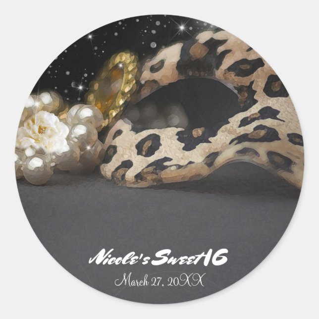 Leopard Masquerade Mask & Pearls Gastgeschenk Runder Aufkleber (Vorderseite)