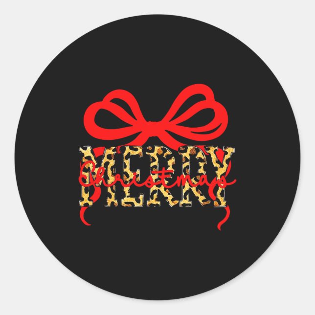 Leopard Merry Christmas Coquette Bow Xmas Holiday  Runder Aufkleber (Vorderseite)
