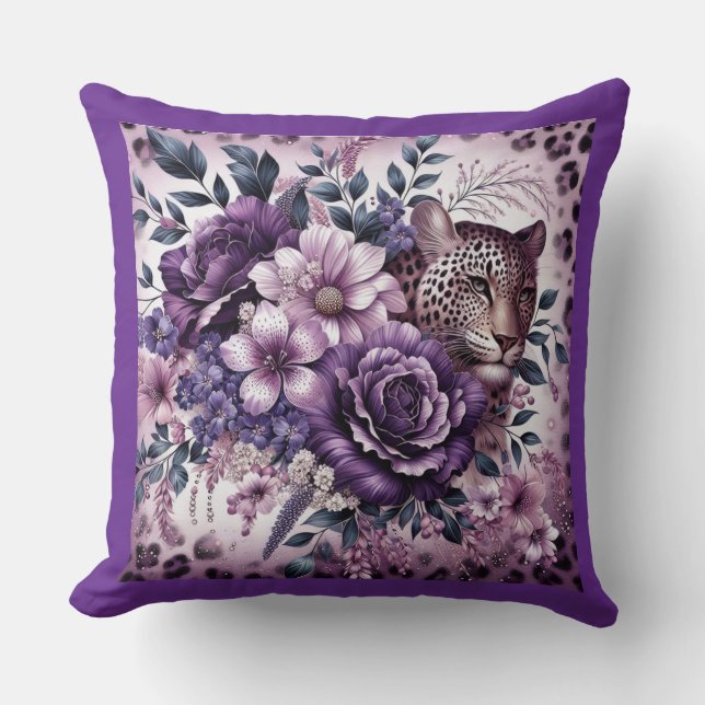 Leopard mit violetten Blumen Kissen (Vorderseite)