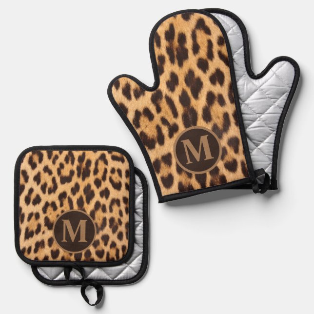 leopard monogram, gürtelig-chic ofenhandschuh & Topflappen-Set (Vorderseite/Rückseite)