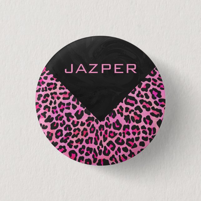 Leopard-Monogramm, Schwarz und Heiß-Rosa Button (Vorderseite)
