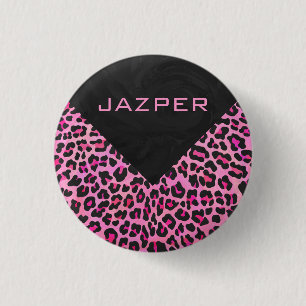 Leopard-Monogramm, Schwarz und Heiß-Rosa Button