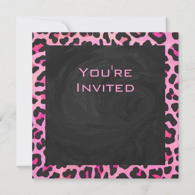 Leopard-Monogramm, Schwarz und Heiß-Rosa Einladung (Vorderseite)