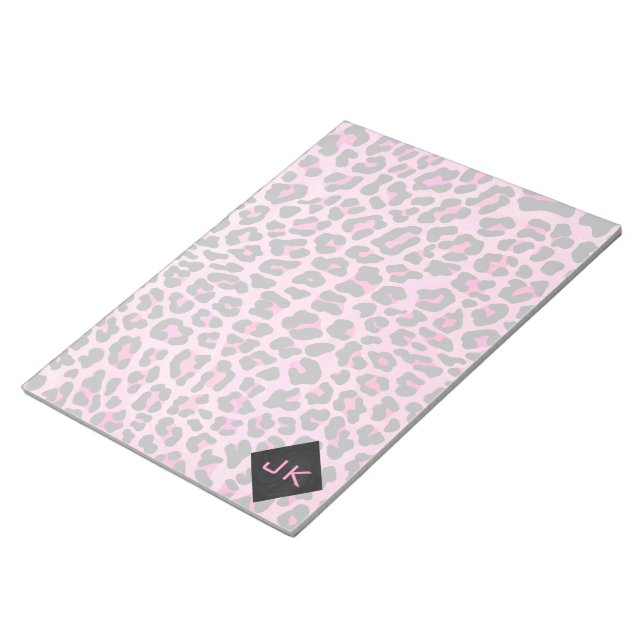 Leopard-Monogramm, Schwarz und Heiß-Rosa Notizblock (angewinkelt)