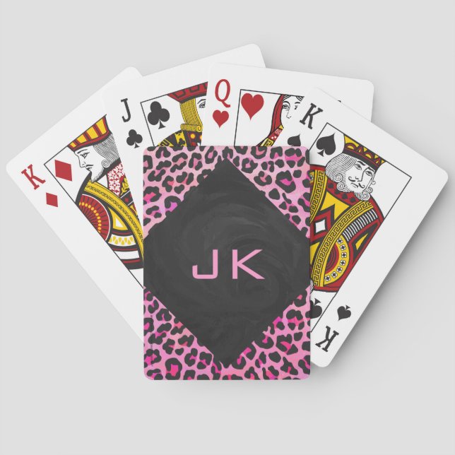 Leopard-Monogramm, Schwarz und Heiß-Rosa Spielkarten (Rückseite)