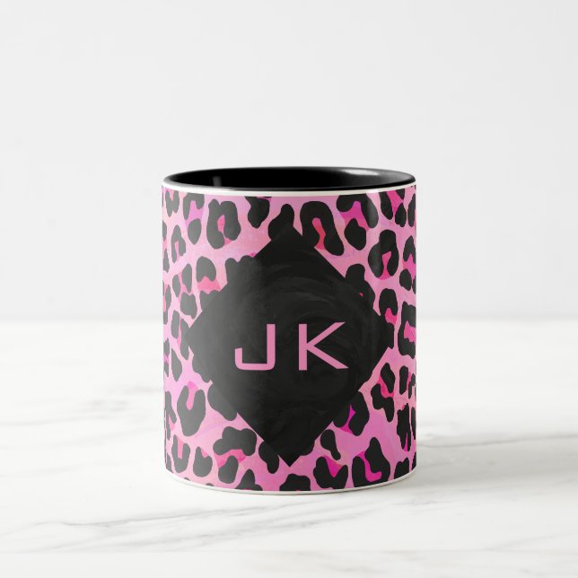 Leopard-Monogramm, Schwarz und Heiß-Rosa Zweifarbige Tasse (Mittel)
