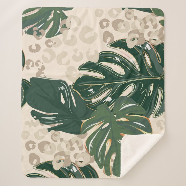 Leopard Monstera: Jungle Print Vintag. Sherpadecke (Vorderseite)