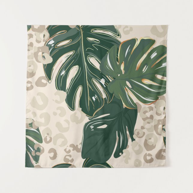 Leopard Monstera: Jungle Print Vintag. Wandteppich (Vorderseite)