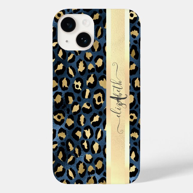 Leopard Muster Blue Gold Monogram Case-Mate iPhone 14 Hülle (Rückseite)