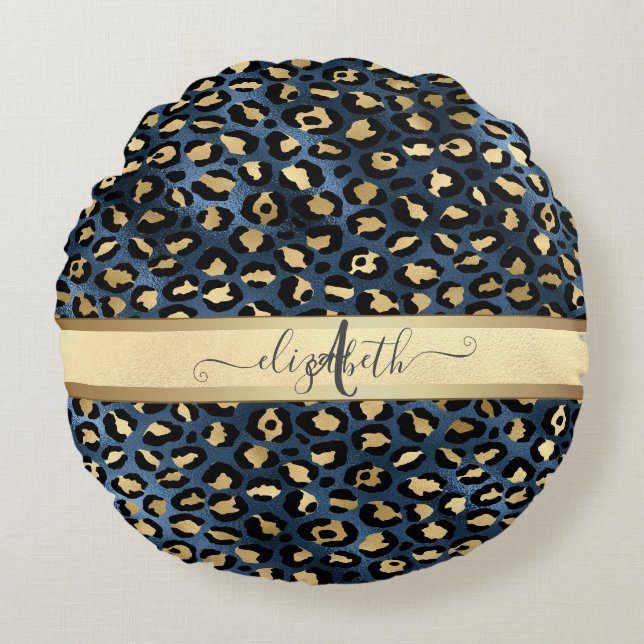 Leopard Muster Blue Gold Monogram Rundes Kissen (Vorderseite)