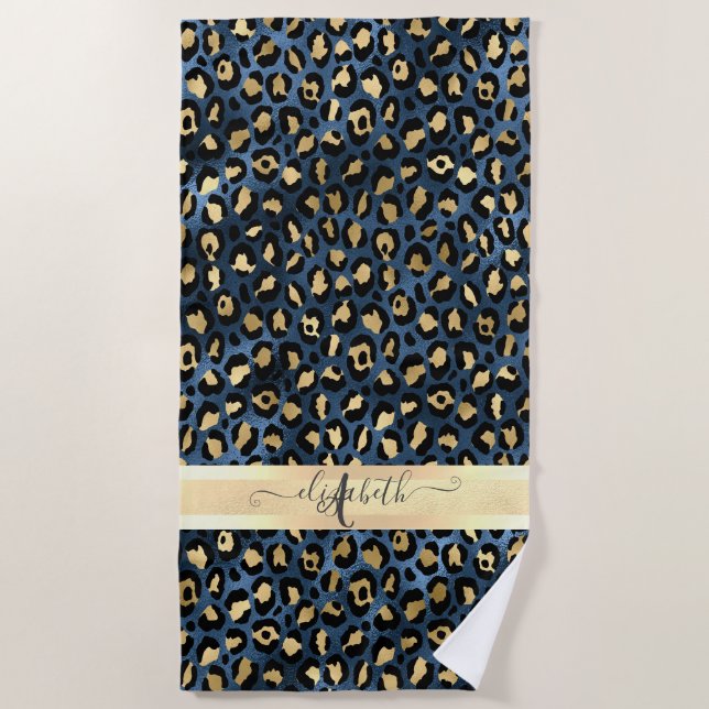 Leopard Muster Blue Gold Monogram Strandtuch (Vorderseite)