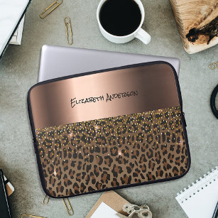 Leopard Muster braun schwarze Bronze Metallic Name Laptopschutzhülle