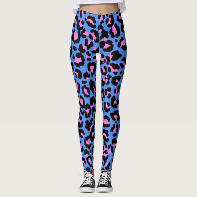 Leopard Muster in Raspberry auf Electric Blue Leggings (Vorderseite)