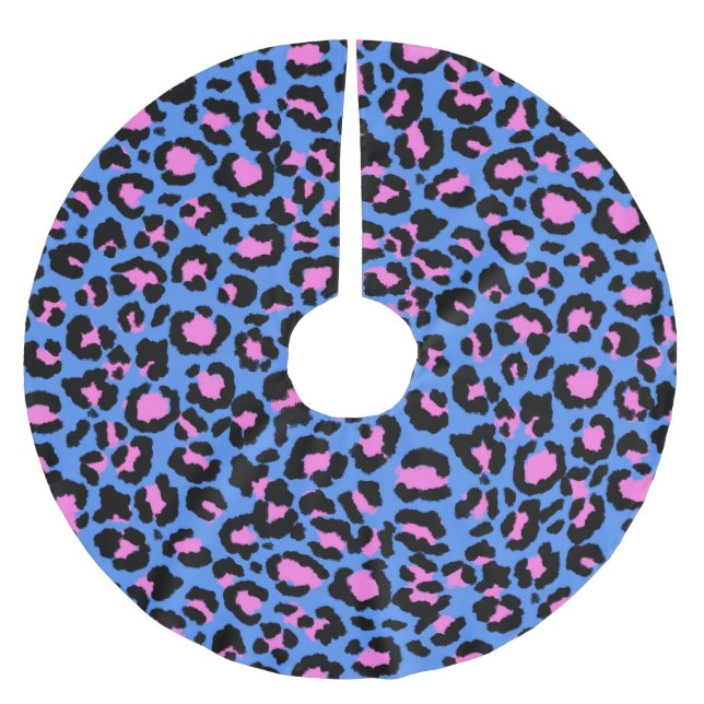 Leopard Muster in Raspberry auf Electric Blue Polyester Weihnachtsbaumdecke (Vorderseite)