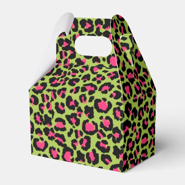 Leopard Muster in Raspberry auf Lime Green Geschenkschachtel (Vorderseite)