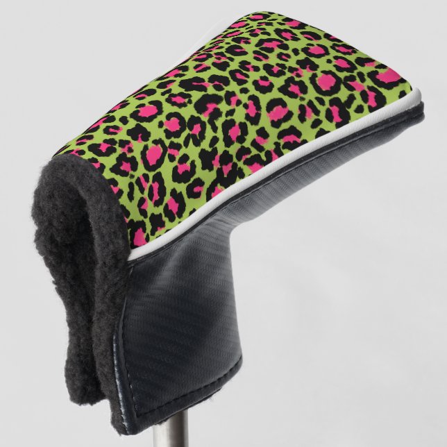 Leopard Muster in Raspberry auf Lime Green Golf Headcover (3/4 Vorderseite)