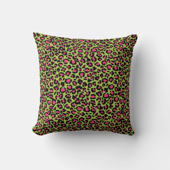 Leopard Muster in Raspberry auf Lime Green Kissen (Vorderseite)