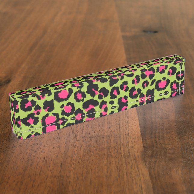 Leopard Muster in Raspberry auf Lime Green Namensplakette (Seite)