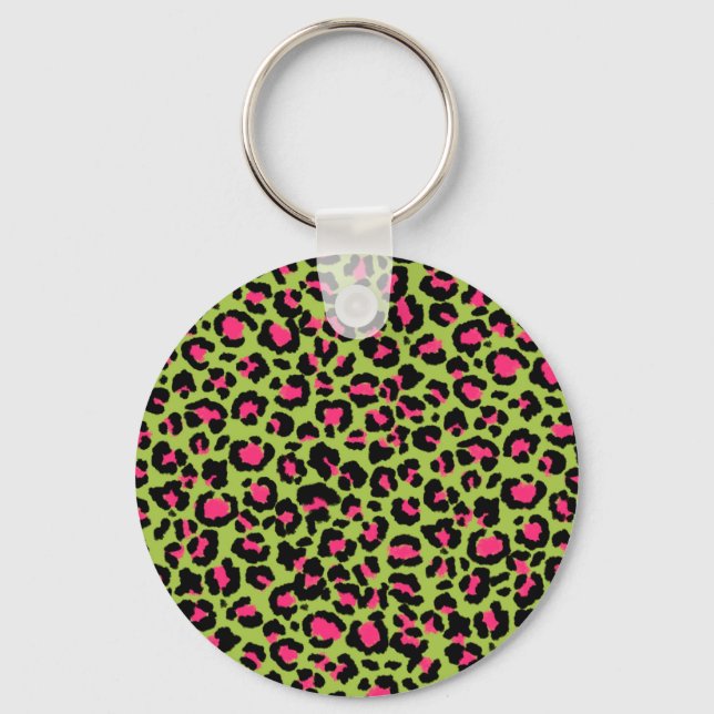 Leopard Muster in Raspberry auf Lime Green Schlüsselanhänger (Vorderseite)
