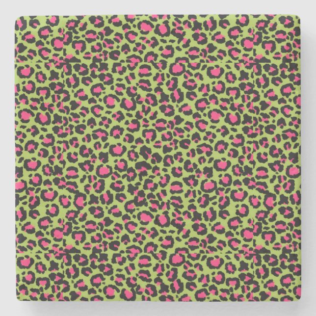 Leopard Muster in Raspberry auf Lime Green Steinuntersetzer (Vorderseite)