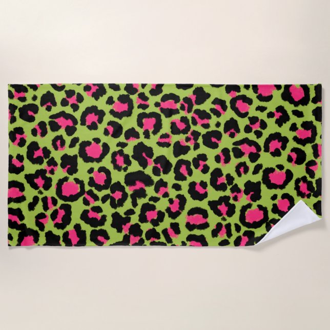 Leopard Muster in Raspberry auf Lime Green Strandtuch (Vorderseite)