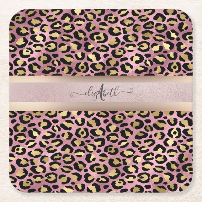 Leopard Muster Monogram Rose Gold Black Rechteckiger Pappuntersetzer (Vorderseite)