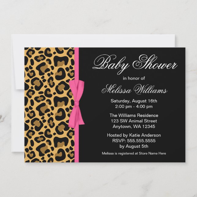 Leopard Muster rosa bedruckte Ribbon Babydusche Einladung (Vorderseite)