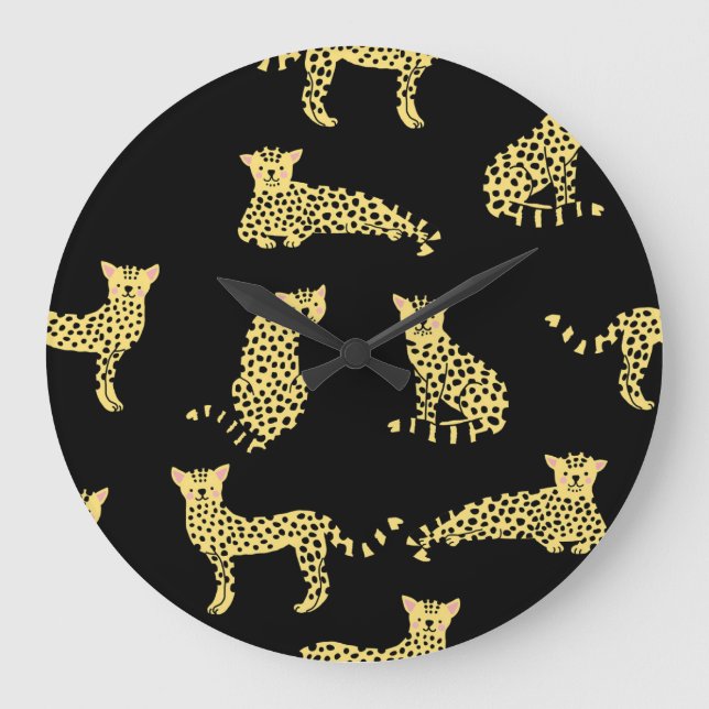 Leopard Muster: Schwarze Hintergrundekäse Große Wanduhr (Vorderseite)