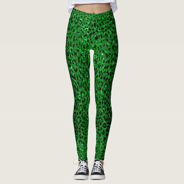 Leopard-Muster von Emerald Green Glitzer Leggings (Vorderseite)