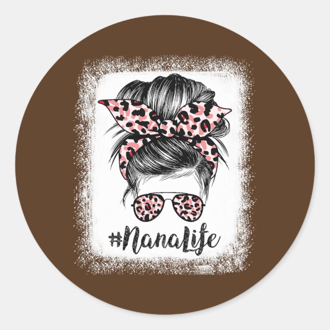 Leopard Nana Life Niedlich Messy Bun Girl Mother Runder Aufkleber (Vorderseite)