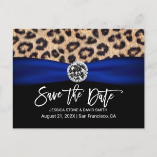 Leopard Navy Blue Ribbon Luxury Wedding Ankündigungspostkarte