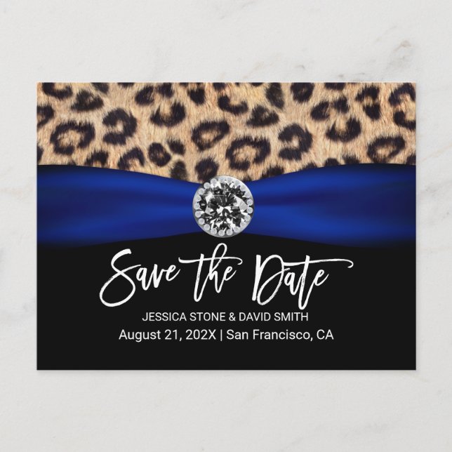 Leopard Navy Blue Ribbon Luxury Wedding Ankündigungspostkarte (Vorderseite)