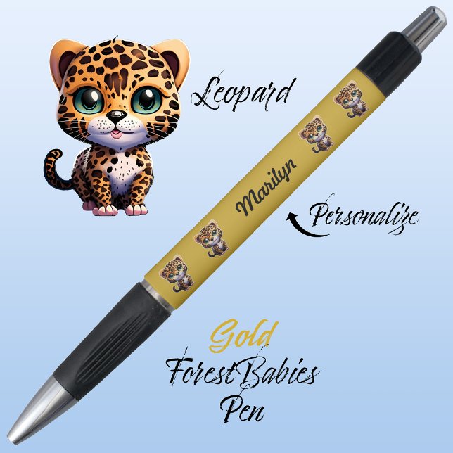 Leopard, Niedliche, einzigartige whimsical Cat Gra Kugelschreiber (Cute Whimsical Leopard Cartoon Graphic, Gold Customizable ForestBabies Pen 🐆)