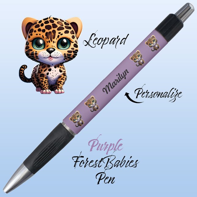 Leopard, Niedliche einzigartige Whimsical Kitty Ca Kugelschreiber (Cute Whimsical Leopard Cartoon Graphic, Purple Customizable ForestBabies Pen 🐆)