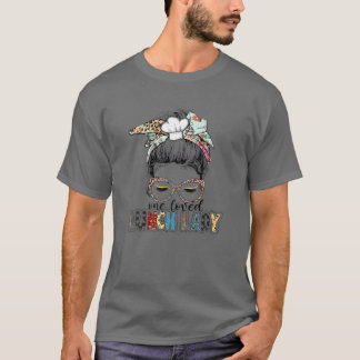 Leopard One Love Lunch Lady Teacher Messy Bun Wom T-Shirt