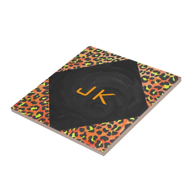 Leopard Orange und Yellow Monogram Fliese (Seite)