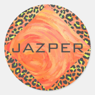 Leopard Orange und Yellow Monogram Runder Aufkleber