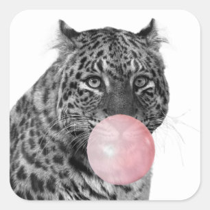 Leopard-Panther-Katzen-Kaugummi-Schwarz-Rosa-Weiß Quadratischer Aufkleber