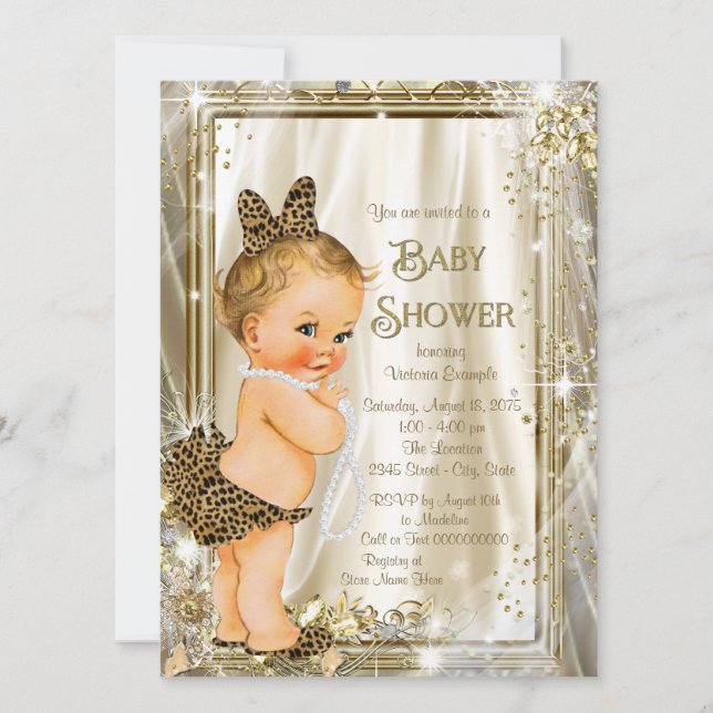 Leopard Pearl Glam Girly Babydusche Einladung (Vorderseite)
